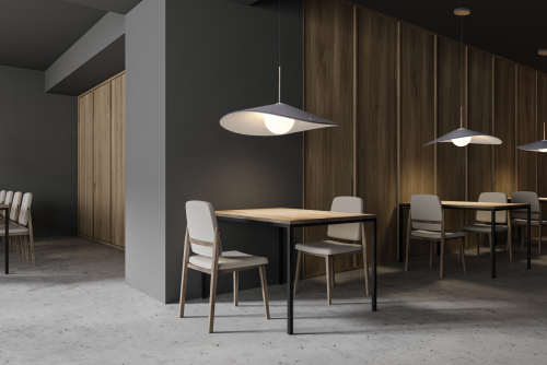 Modern industrial style cafe bar interior with gray and wooden walls, concrete floor, square wooden tables with white chairs. 3d rendering